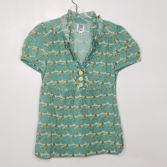 Ivy Jane Retro 60s Print Blouse Ruffle Blue Tree Hippie Whimsical Small - Picture 8 of 9